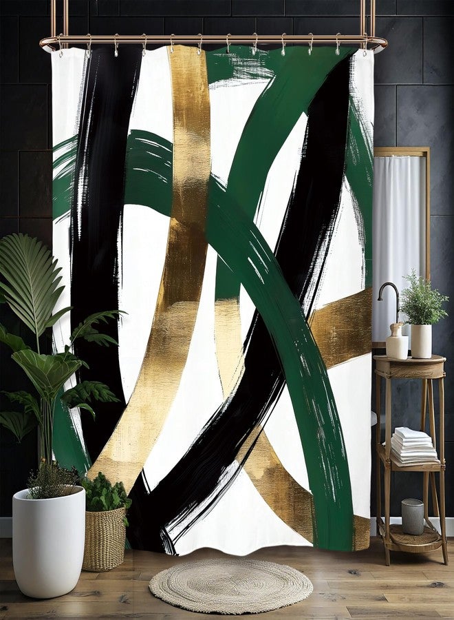 Miyotaa Abstract Emerald Green Gold Shower Curtain Set 60Wx71H Inches Minimalist Aesthetic Modern Contemporary Geometric Line Meutral Polyester Waterproof Bathroom Curtain with 12 Hooks - Image 1